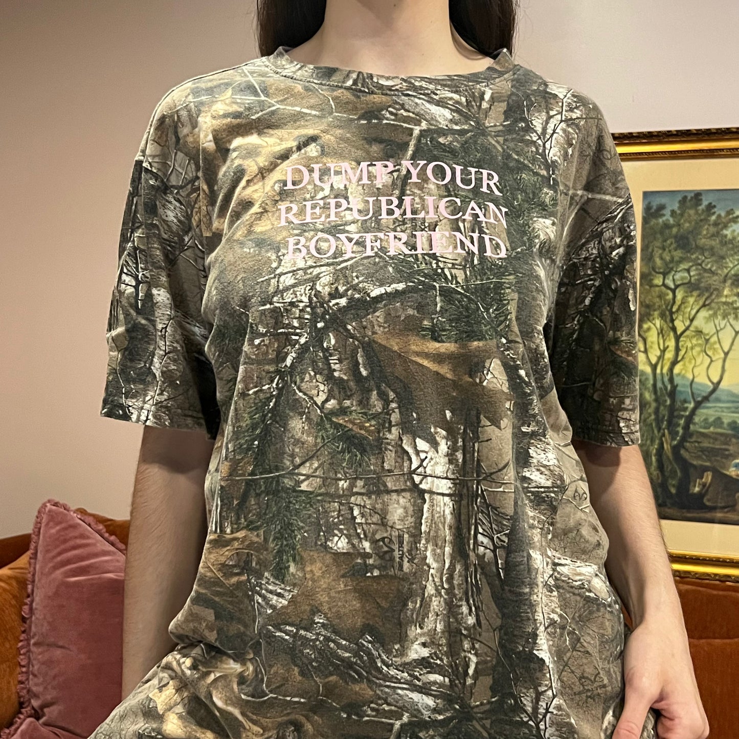 DUMP YOUR REPUBLICAN BOYFRIEND camo t-shirt with pink text (XL)