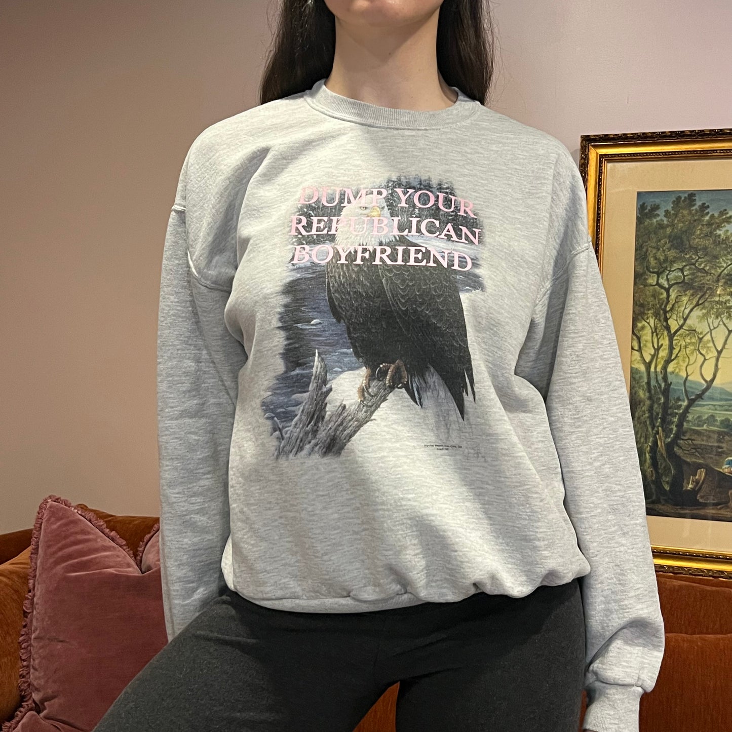 DUMP YOUR REPUBLICAN BOYFRIEND animal crewneck with pink text (L)