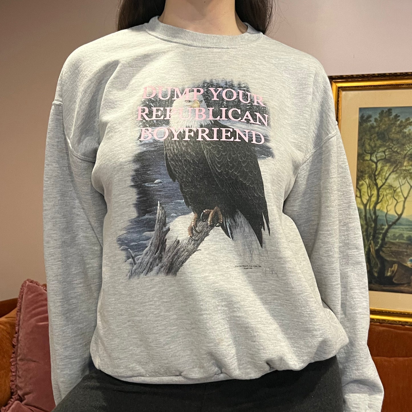 DUMP YOUR REPUBLICAN BOYFRIEND animal crewneck with pink text (L)