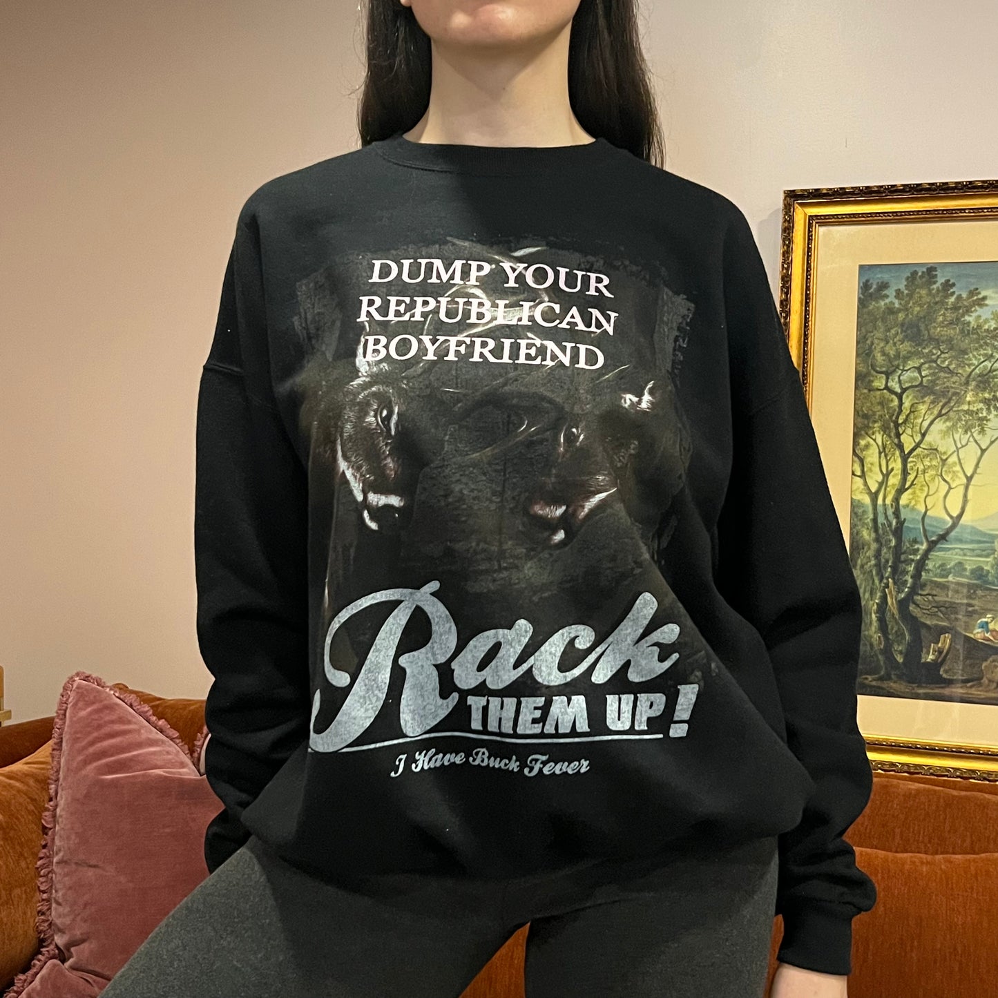 DUMP YOUR REPUBLICAN BOYFRIEND animal crewneck with pink text (XL)