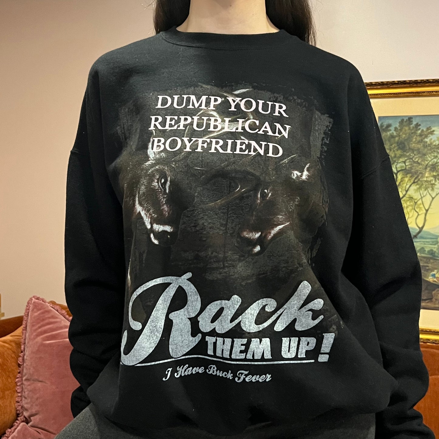 DUMP YOUR REPUBLICAN BOYFRIEND animal crewneck with pink text (XL)