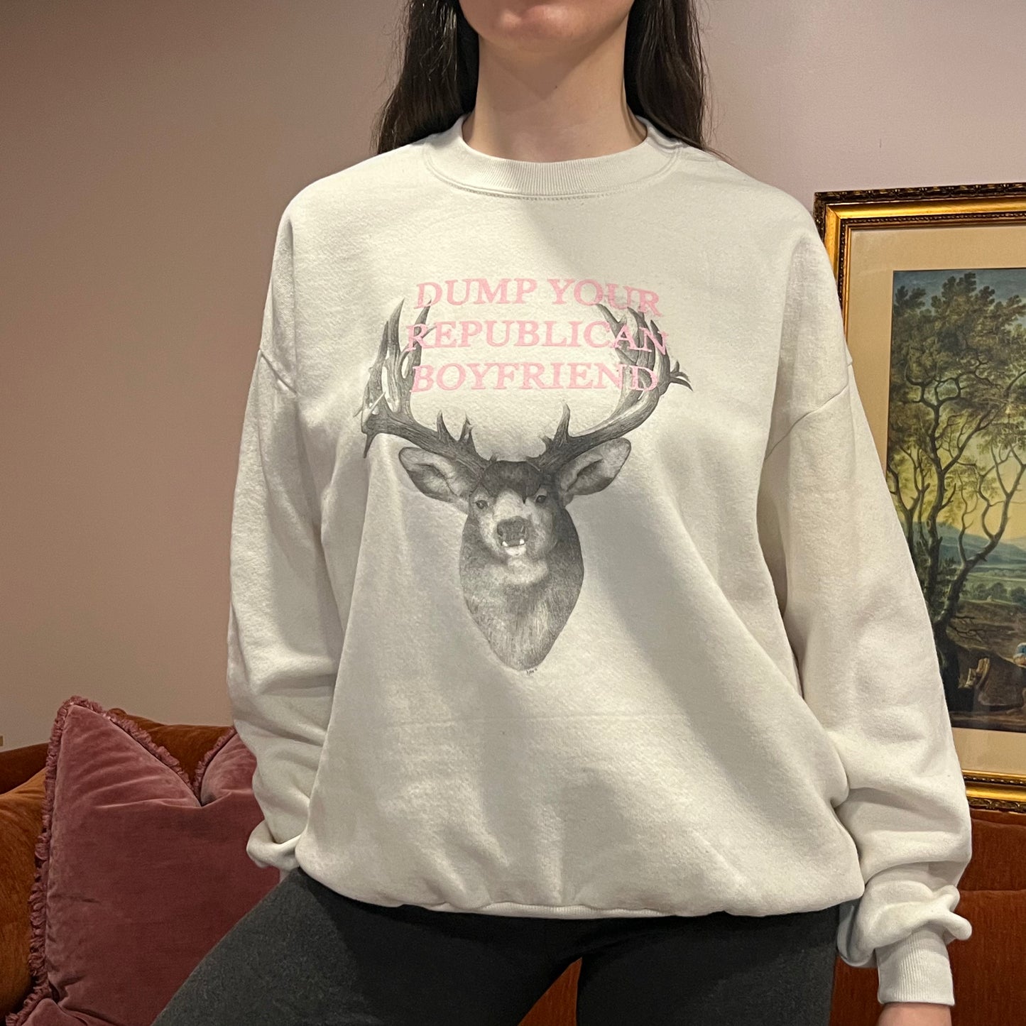 DUMP YOUR REPUBLICAN BOYFRIEND animal crewneck with pink text (XL)