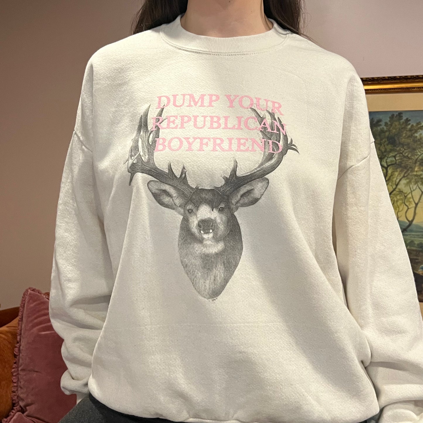 DUMP YOUR REPUBLICAN BOYFRIEND animal crewneck with pink text (XL)