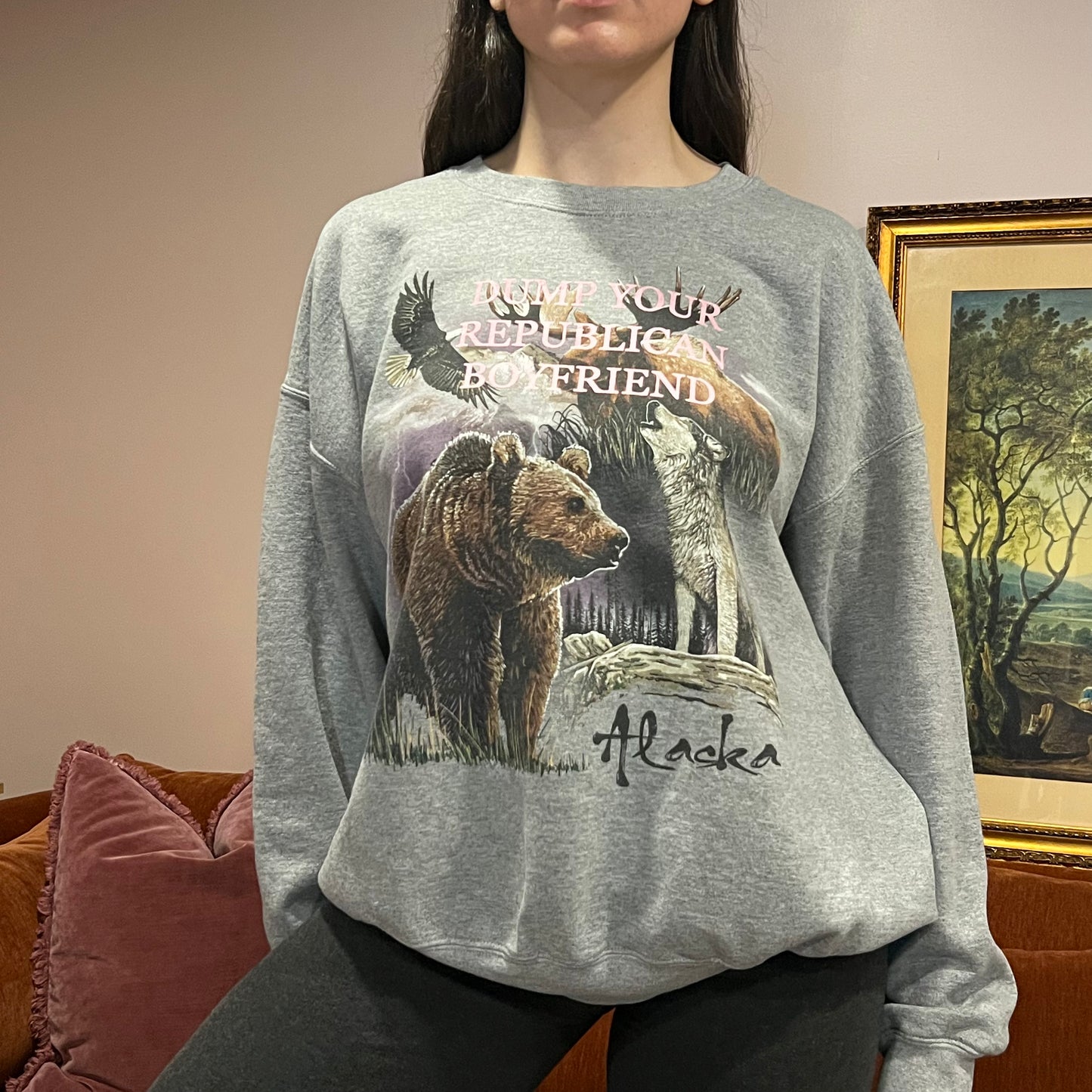 DUMP YOUR REPUBLICAN BOYFRIEND animal crewneck with pink text (XL)