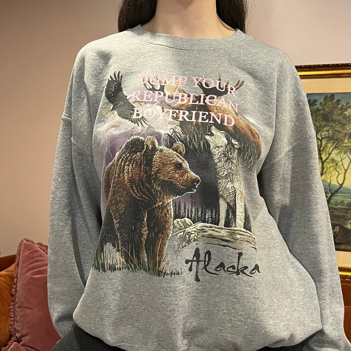 DUMP YOUR REPUBLICAN BOYFRIEND animal crewneck with pink text (XL)