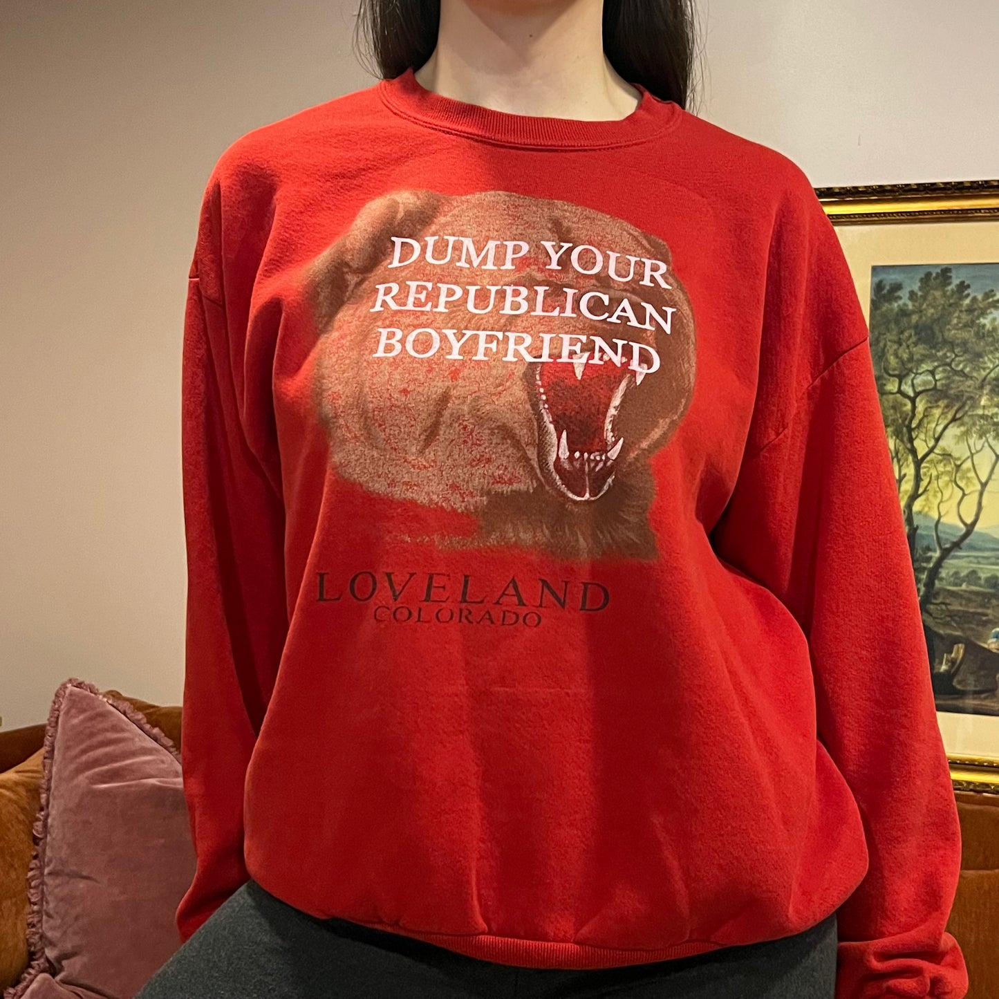 DUMP YOUR REPUBLICAN BOYFRIEND animal crewneck with pink text (XL)