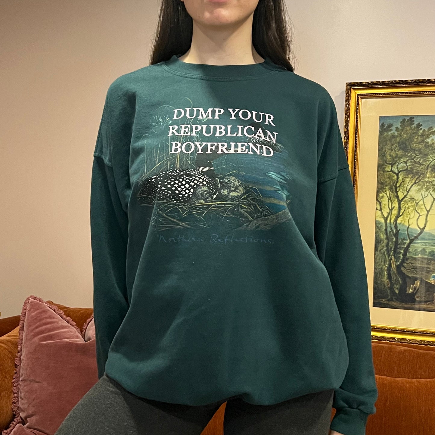DUMP YOUR REPUBLICAN BOYFRIEND animal crewneck with pink text (2XL)