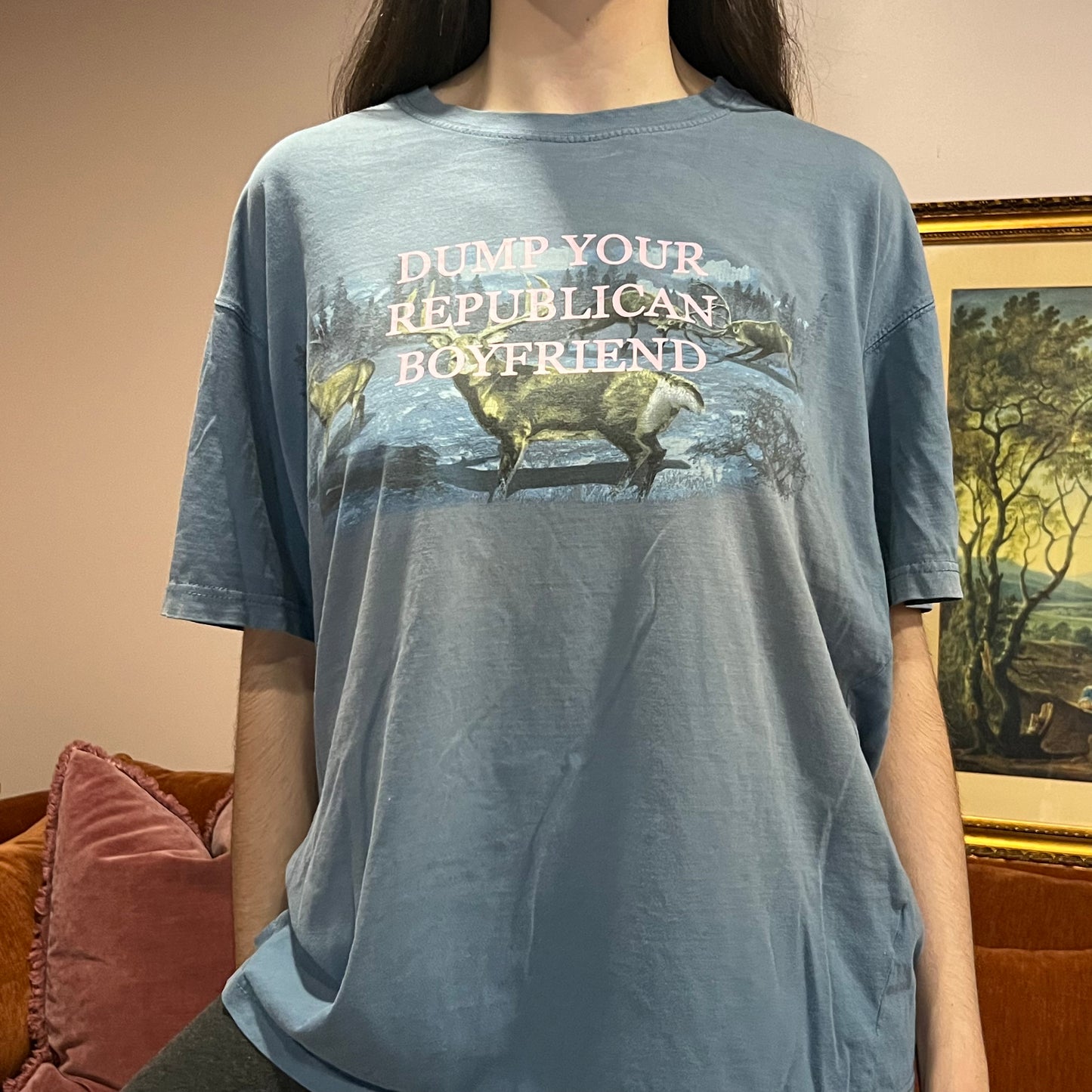DUMP YOUR REPUBLICAN BOYFRIEND animal t-shirt with pink text (XL)