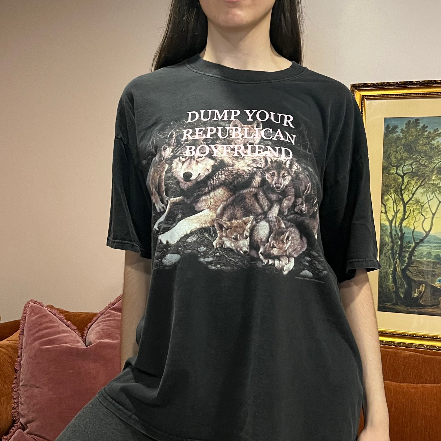 DUMP YOUR REPUBLICAN BOYFRIEND animal t-shirt with pink text (XL)