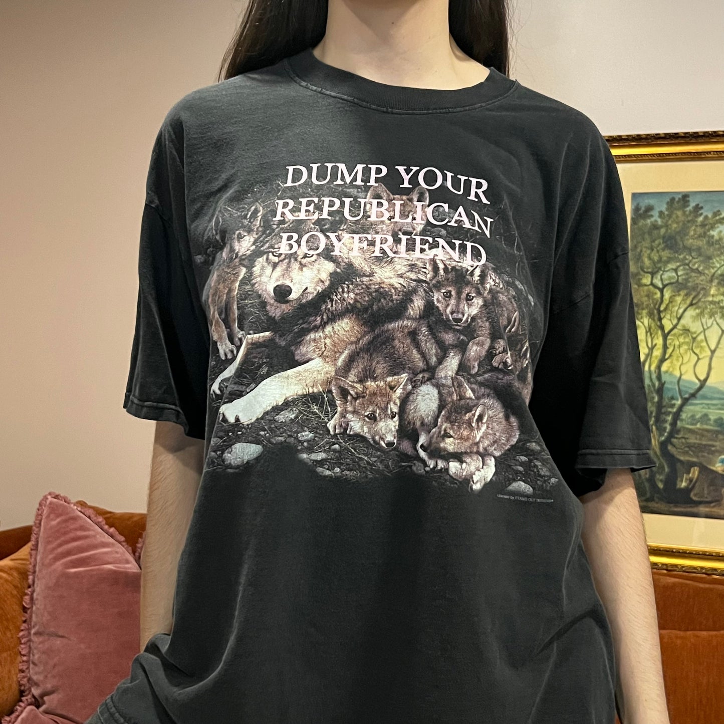 DUMP YOUR REPUBLICAN BOYFRIEND animal t-shirt with pink text (XL)