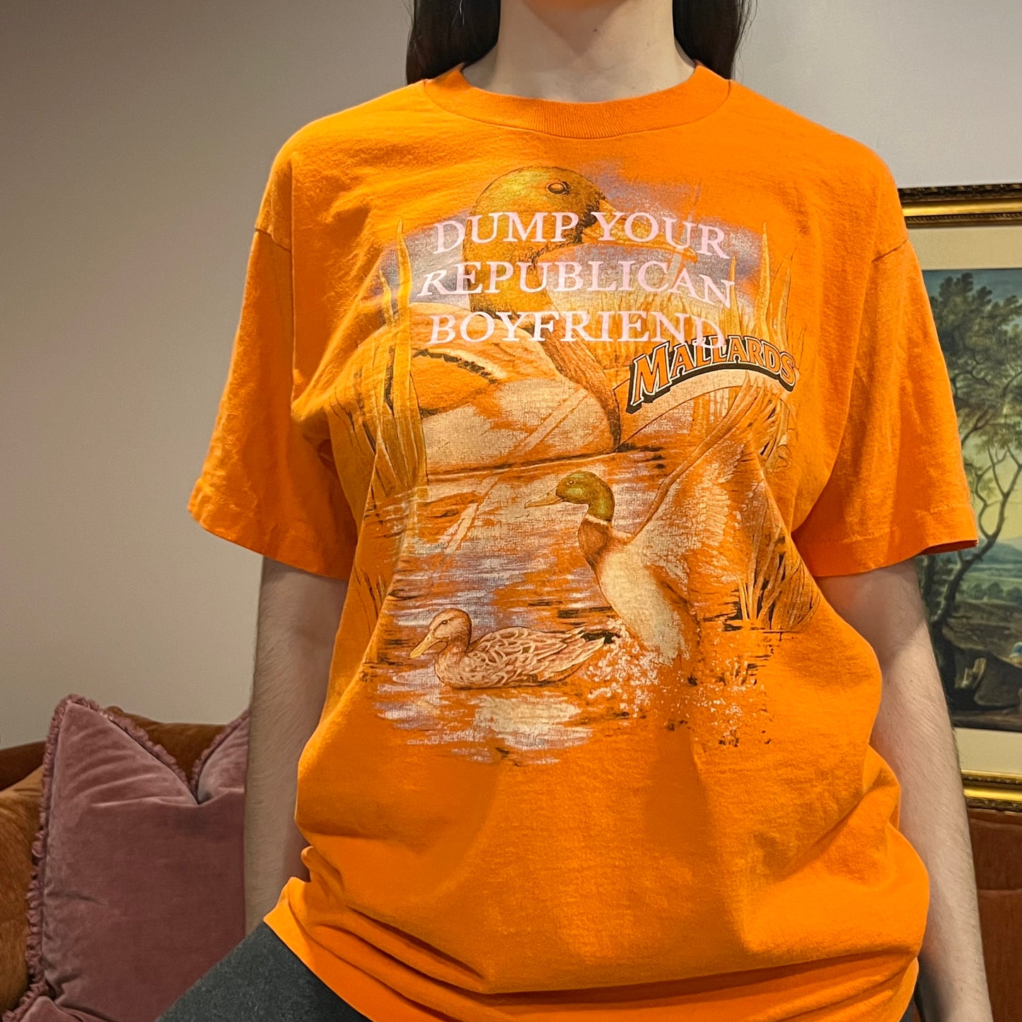 DUMP YOUR REPUBLICAN BOYFRIEND animal t-shirt with pink text (L)