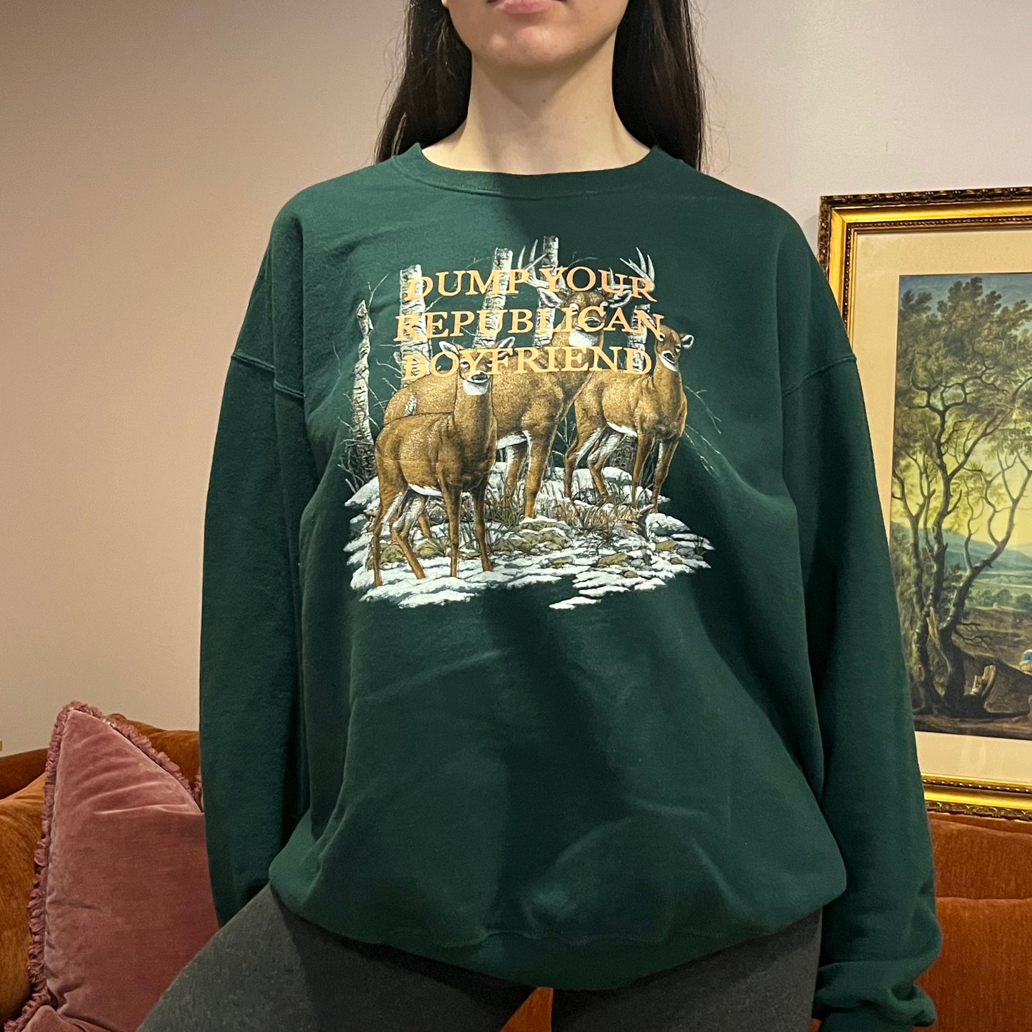 DUMP YOUR REPUBLICAN BOYFRIEND animal crewneck with orange text (XL)
