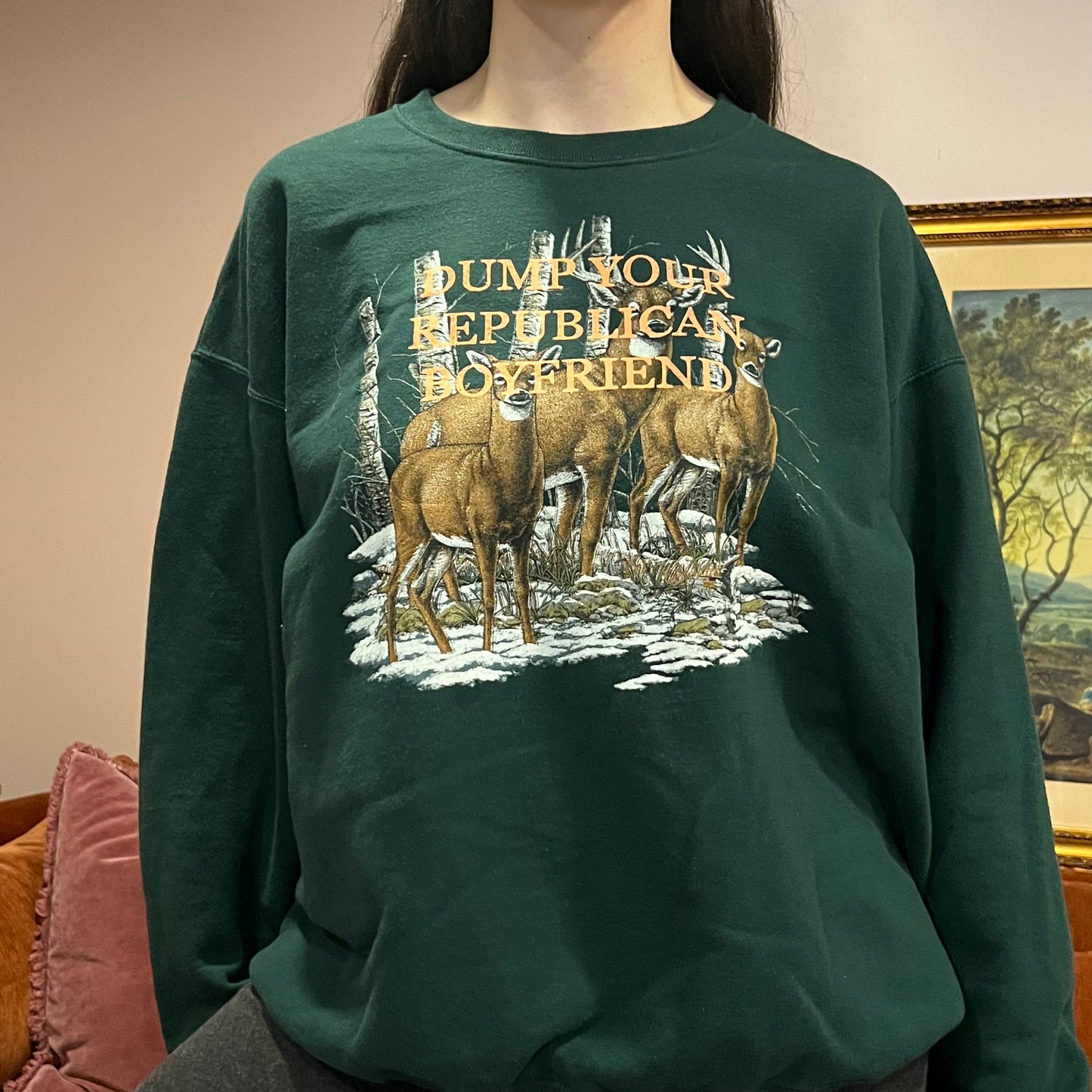 DUMP YOUR REPUBLICAN BOYFRIEND animal crewneck with orange text (XL)
