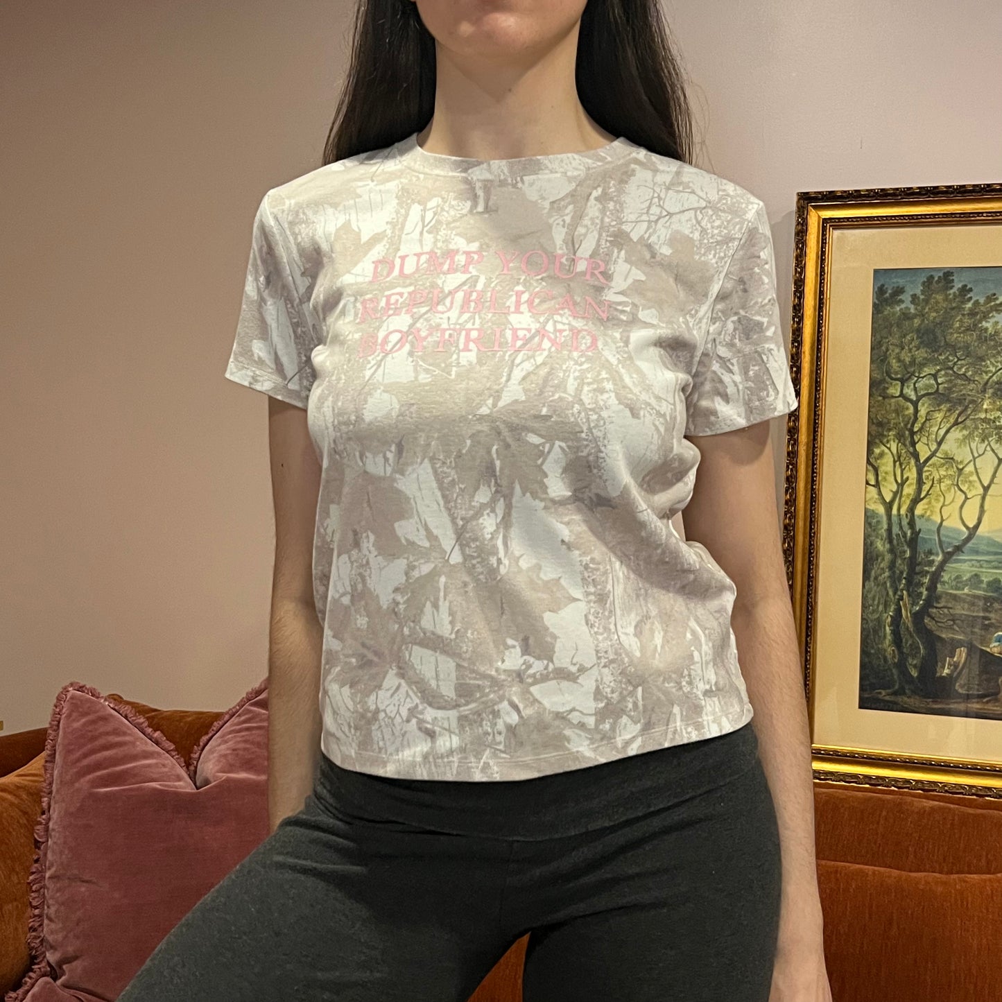 DUMP YOUR REPUBLICAN BOYFRIEND white camo t-shirt with pink text (XL)