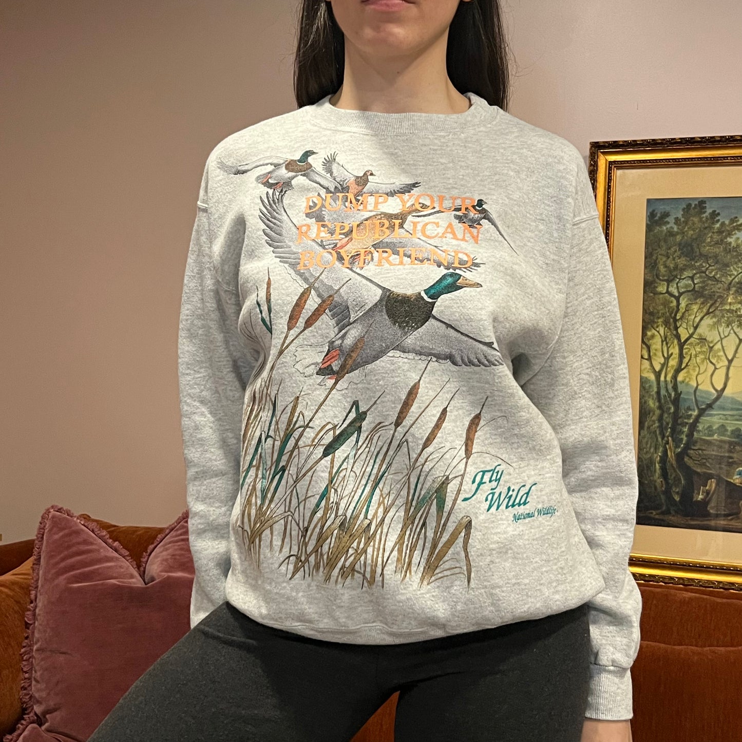 DUMP YOUR REPUBLICAN BOYFRIEND animal crewneck with orange text (L)