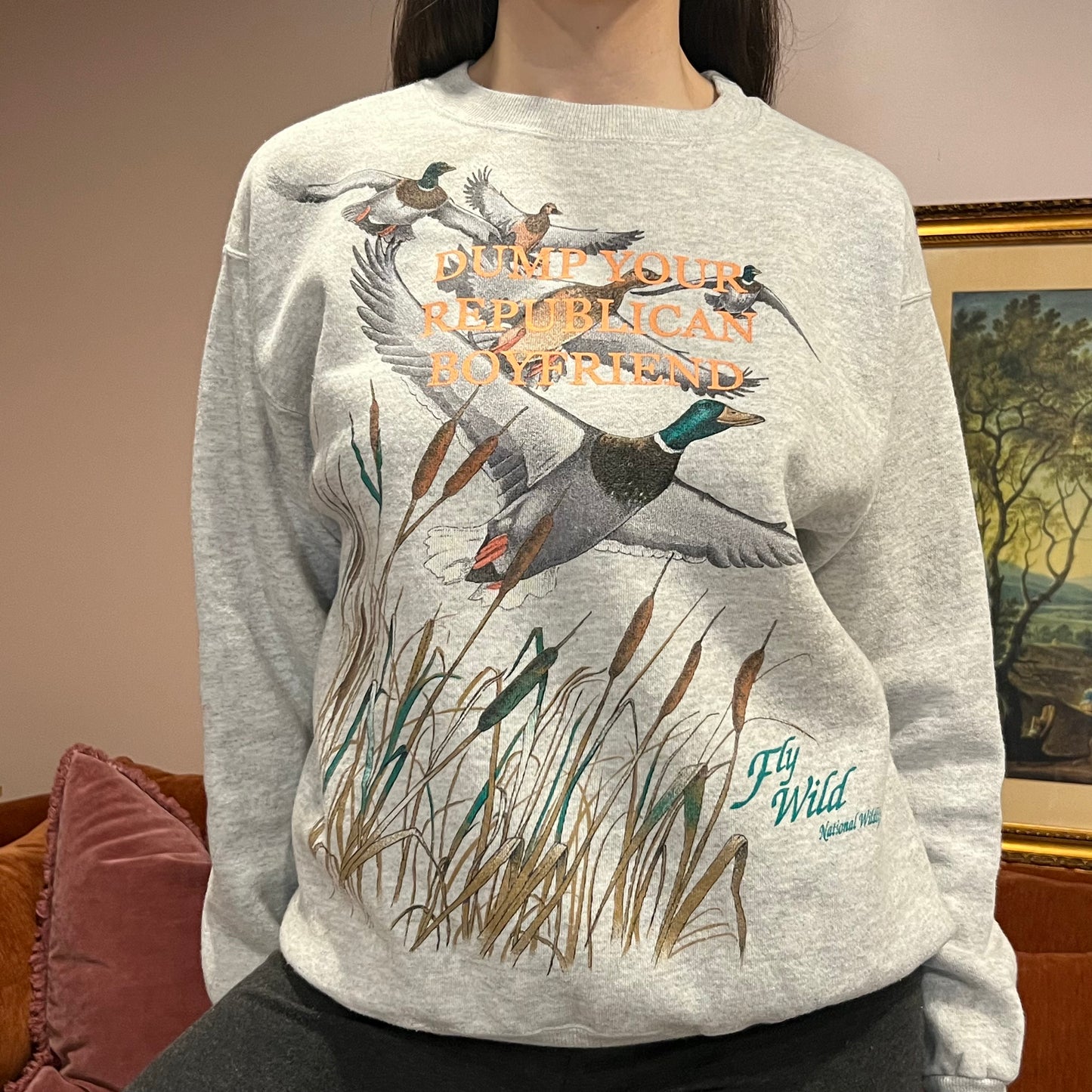 DUMP YOUR REPUBLICAN BOYFRIEND animal crewneck with orange text (L)