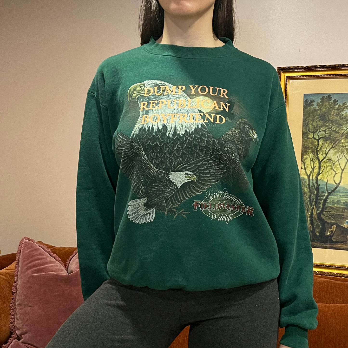 DUMP YOUR REPUBLICAN BOYFRIEND animal crewneck with orange text (M)