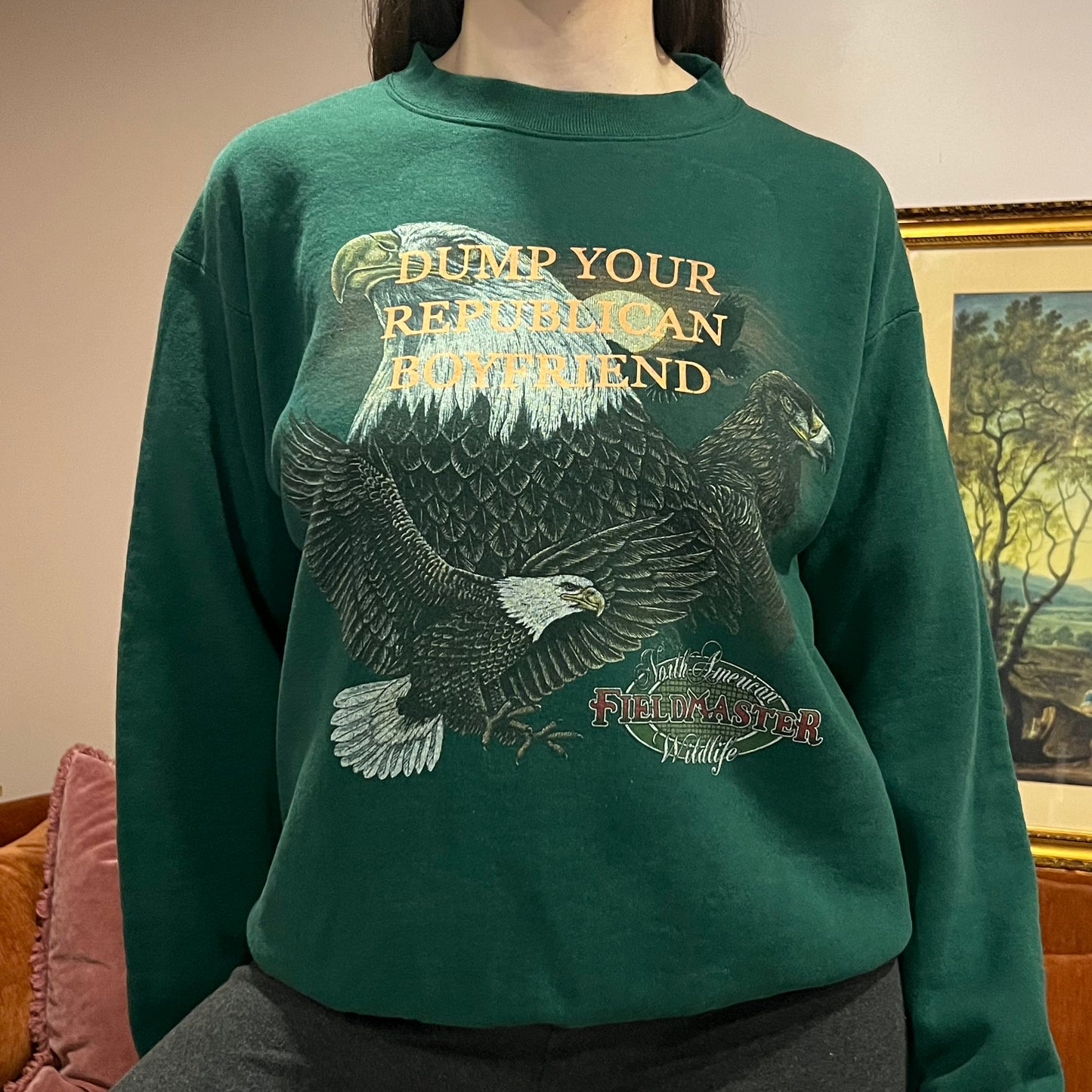 DUMP YOUR REPUBLICAN BOYFRIEND animal crewneck with orange text (M)