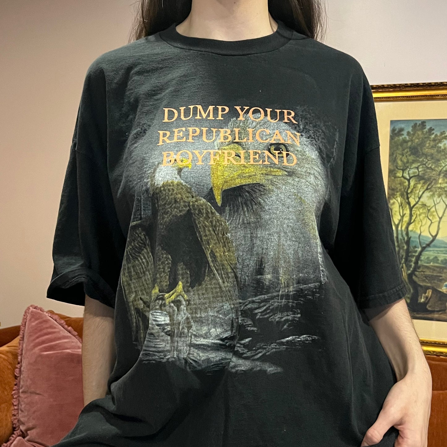 DUMP YOUR REPUBLICAN BOYFRIEND animal t-shirt with orange text (2XL)