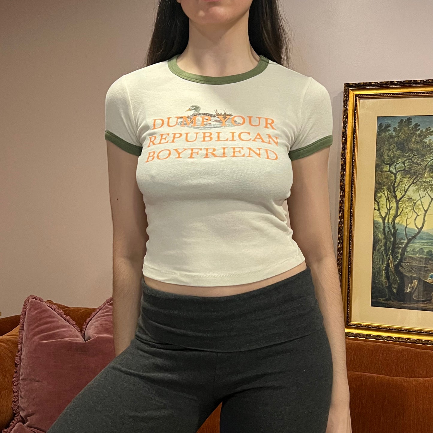 DUMP YOUR REPUBLICAN BOYFRIEND animal t-shirt with orange text (S)