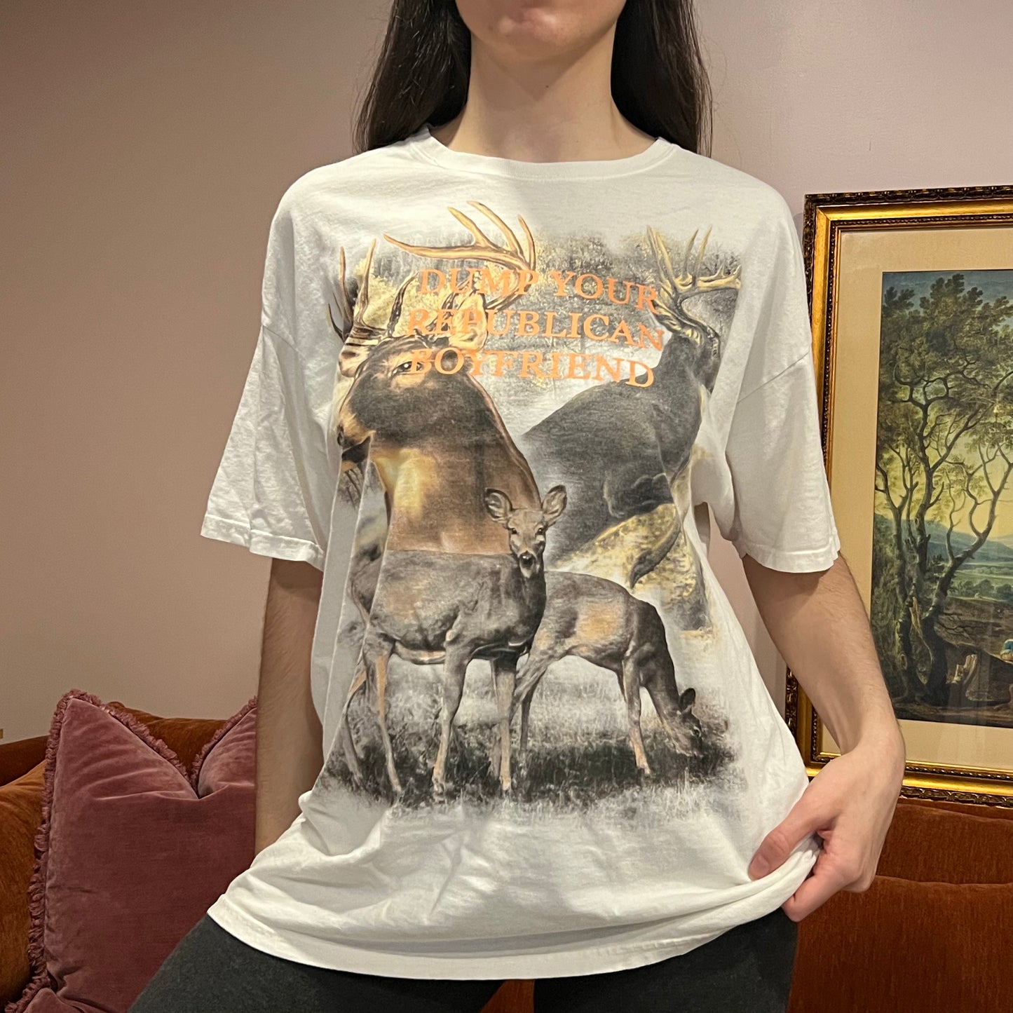DUMP YOUR REPUBLICAN BOYFRIEND animal t-shirt with orange text (XL)