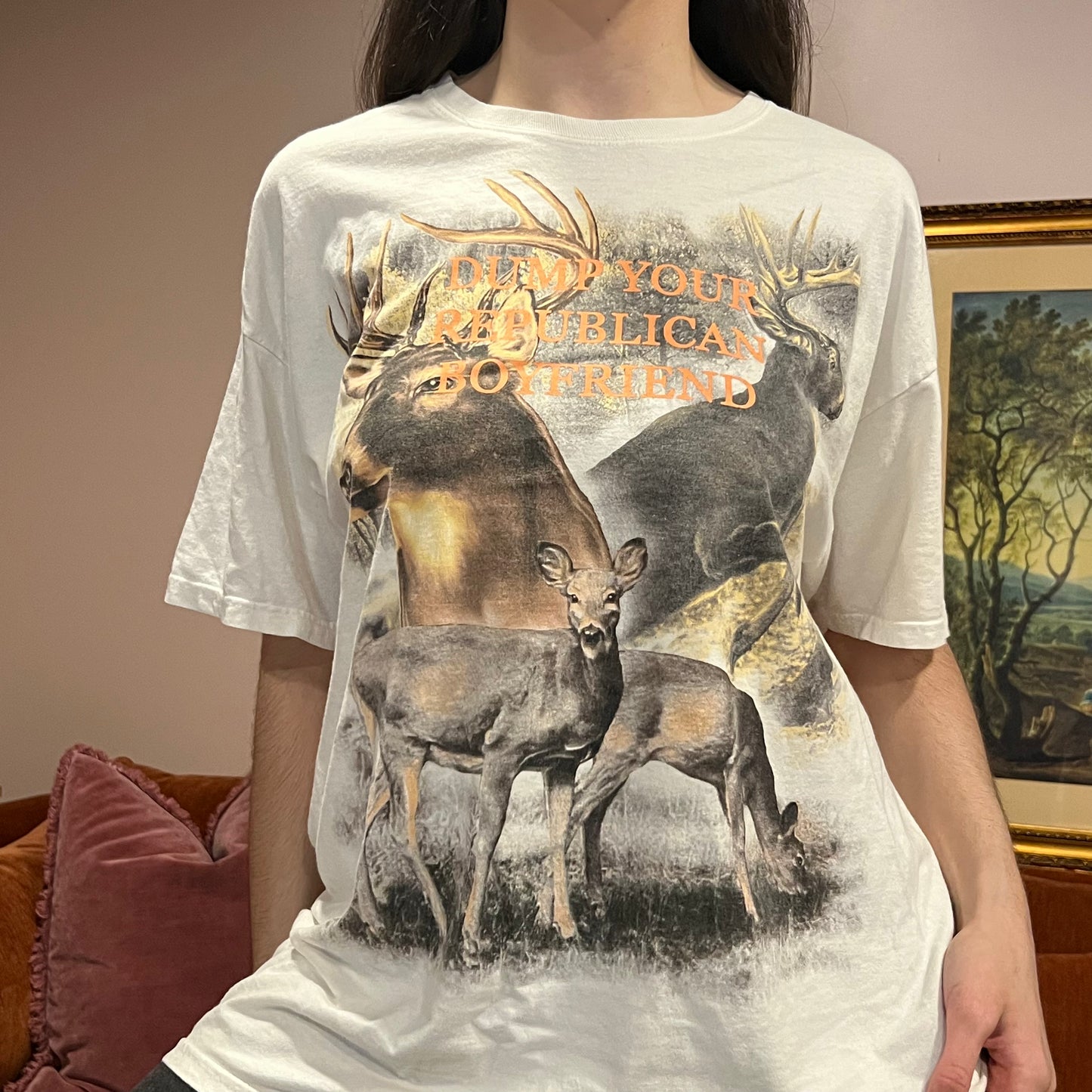 DUMP YOUR REPUBLICAN BOYFRIEND animal t-shirt with orange text (XL)