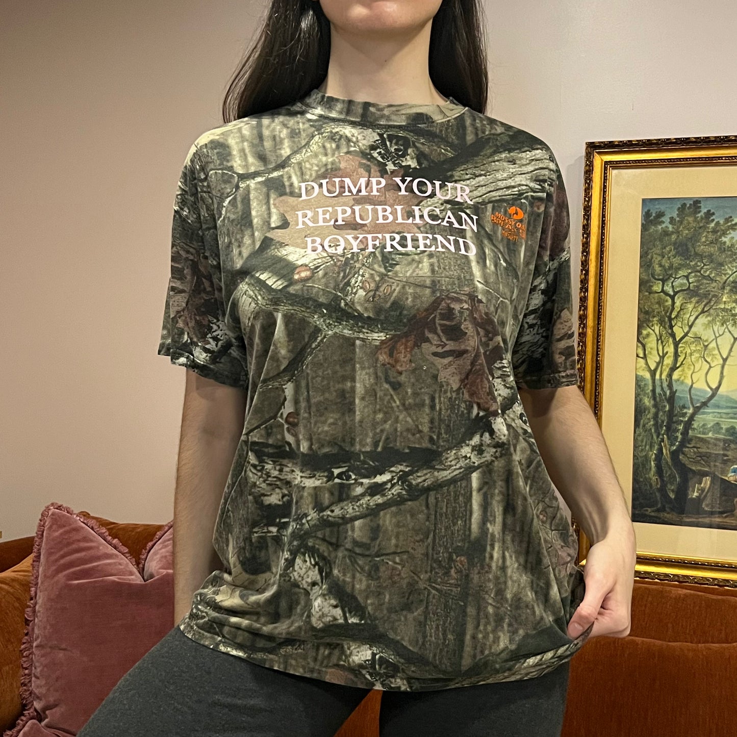DUMP YOUR REPUBLICAN BOYFRIEND camo t-shirt with pink text (XL)