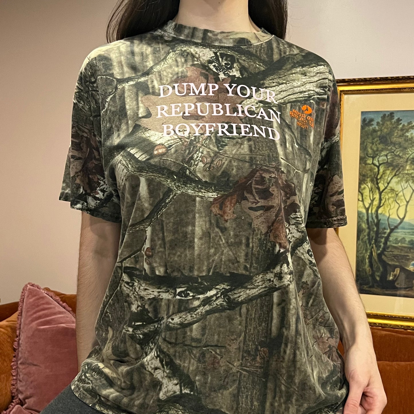 DUMP YOUR REPUBLICAN BOYFRIEND camo t-shirt with pink text (XL)