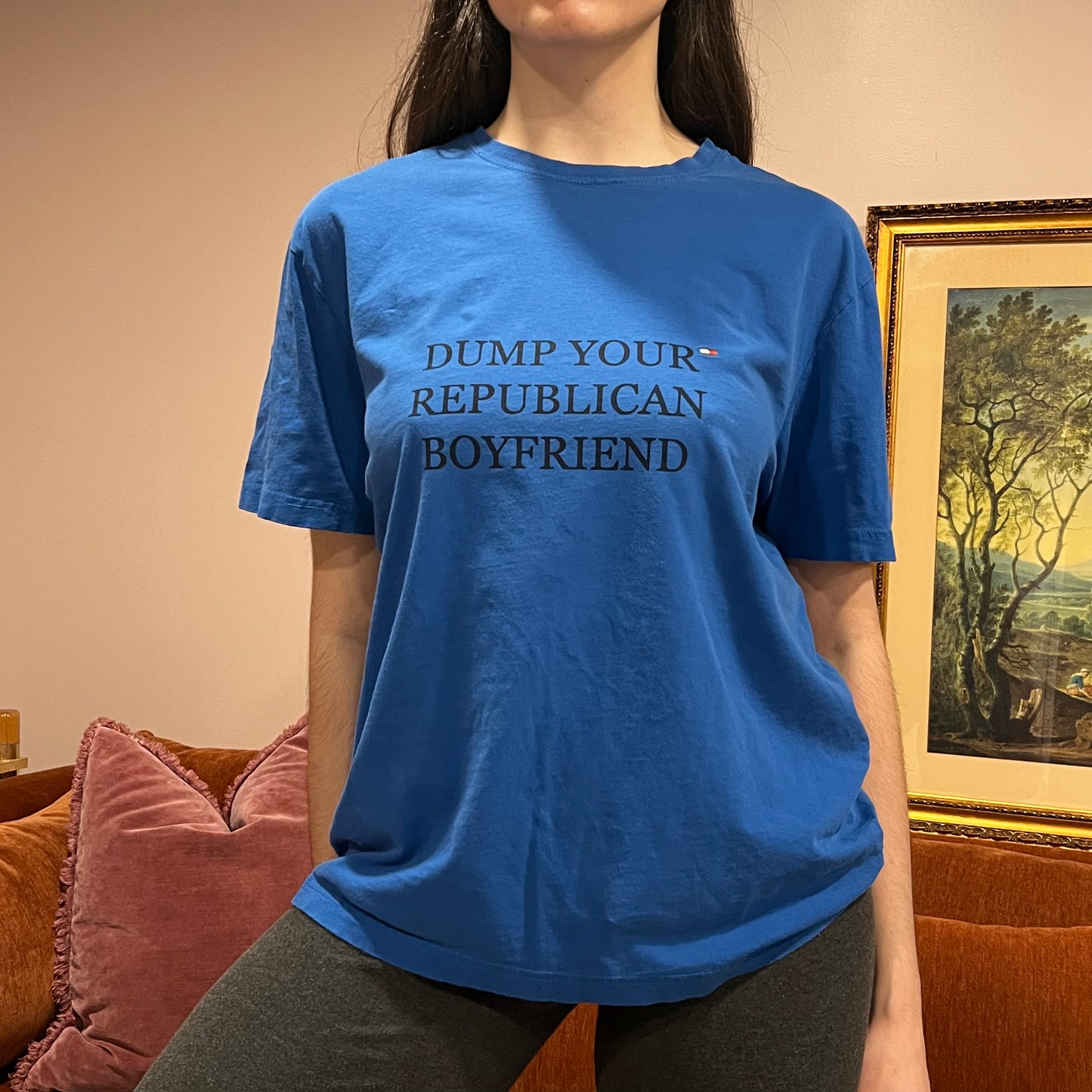 DUMP YOUR REPUBLICAN BOYFRIEND blue t-shirt with blue text (XL/2XL)