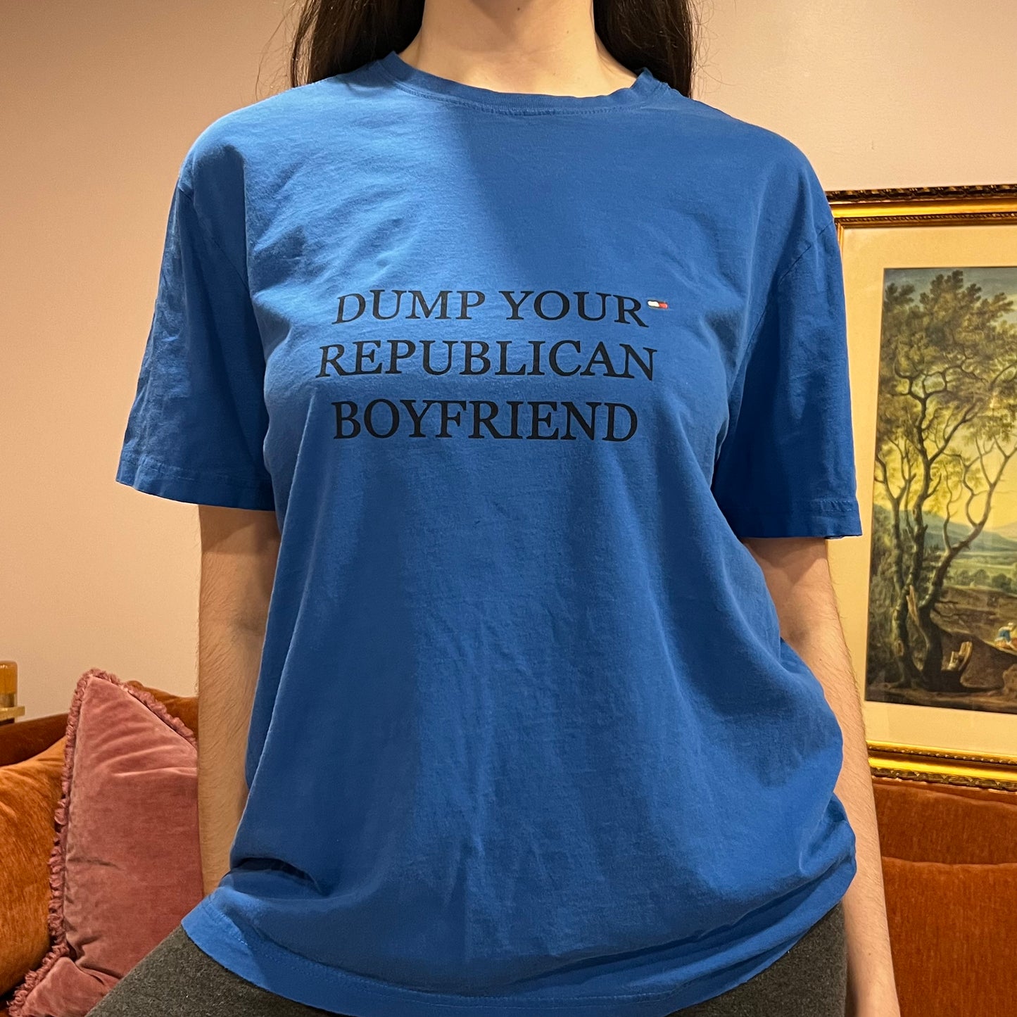 DUMP YOUR REPUBLICAN BOYFRIEND blue t-shirt with blue text (XL/2XL)