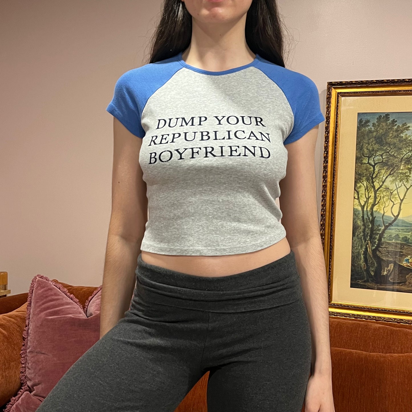 DUMP YOUR REPUBLICAN BOYFRIEND grey t-shirt with blue text (S)