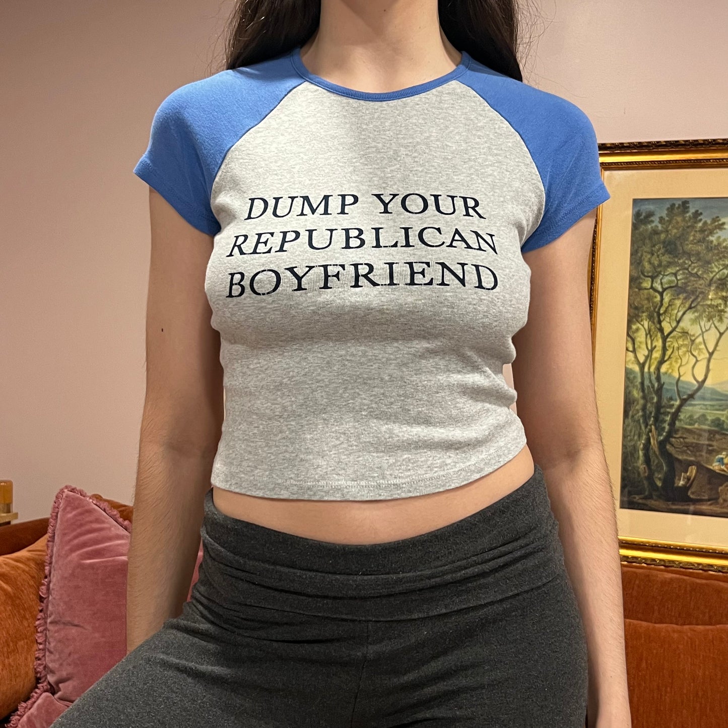 DUMP YOUR REPUBLICAN BOYFRIEND grey t-shirt with blue text (S)