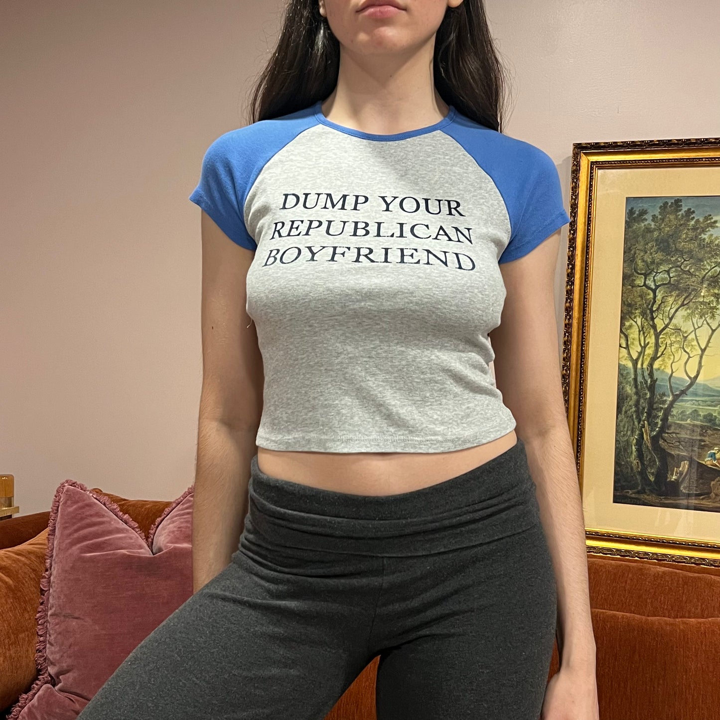 DUMP YOUR REPUBLICAN BOYFRIEND grey t-shirt with blue text (S)