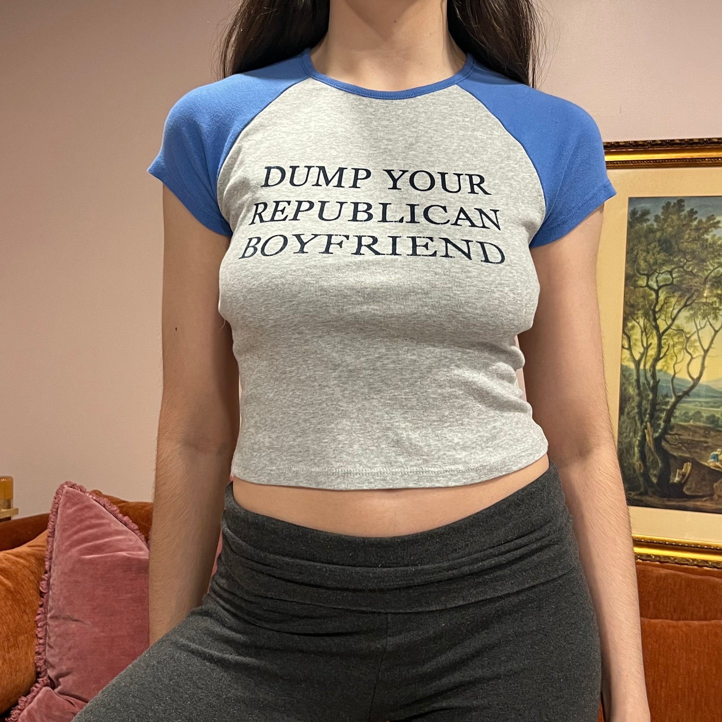 DUMP YOUR REPUBLICAN BOYFRIEND grey t-shirt with blue text (S)