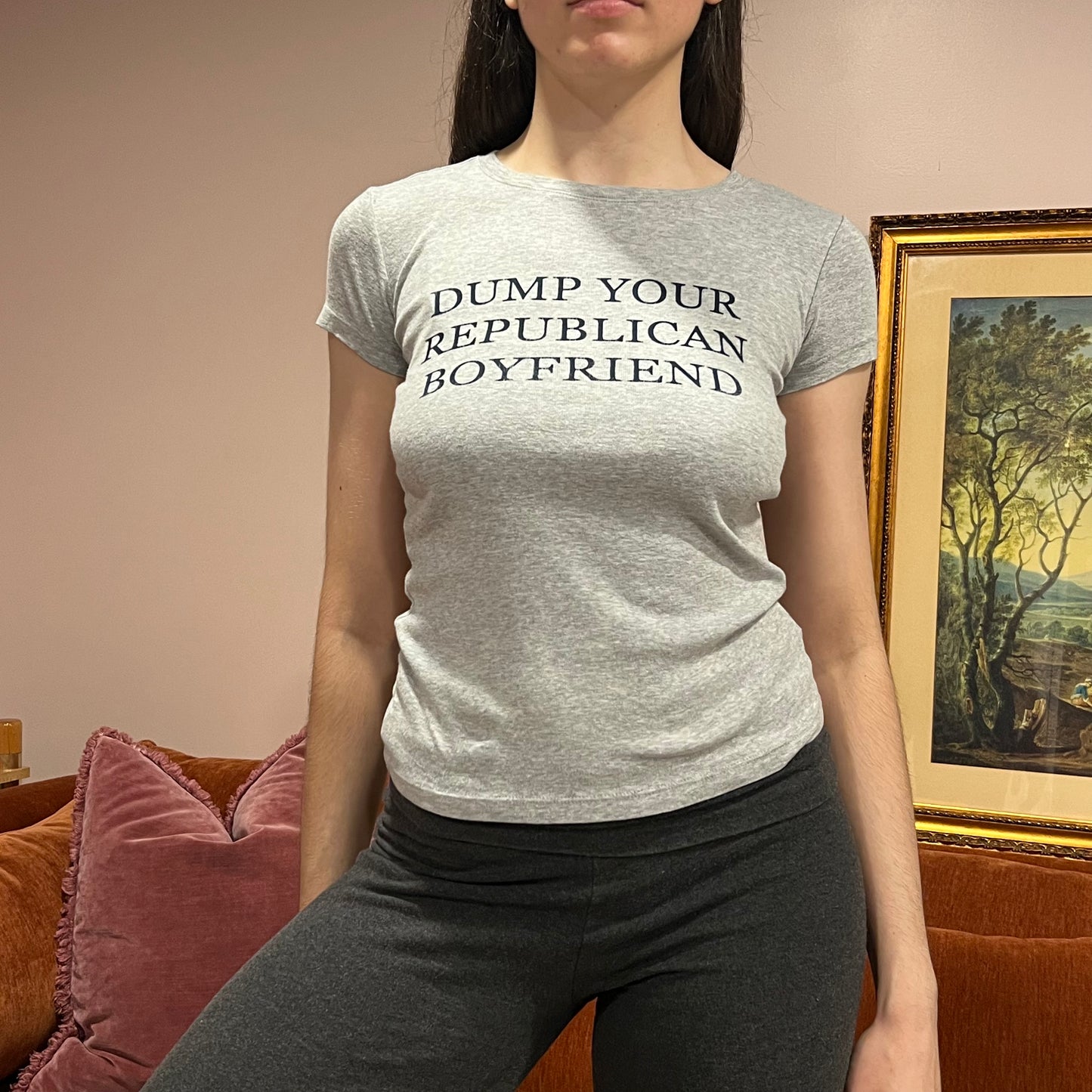 DUMP YOUR REPUBLICAN BOYFRIEND grey t-shirt with blue text (XS)