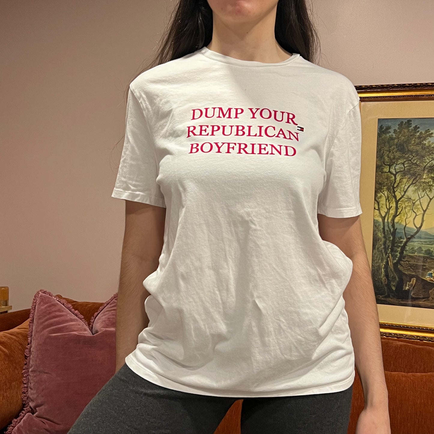 DUMP YOUR REPUBLICAN BOYFRIEND white t-shirt with red text (M)