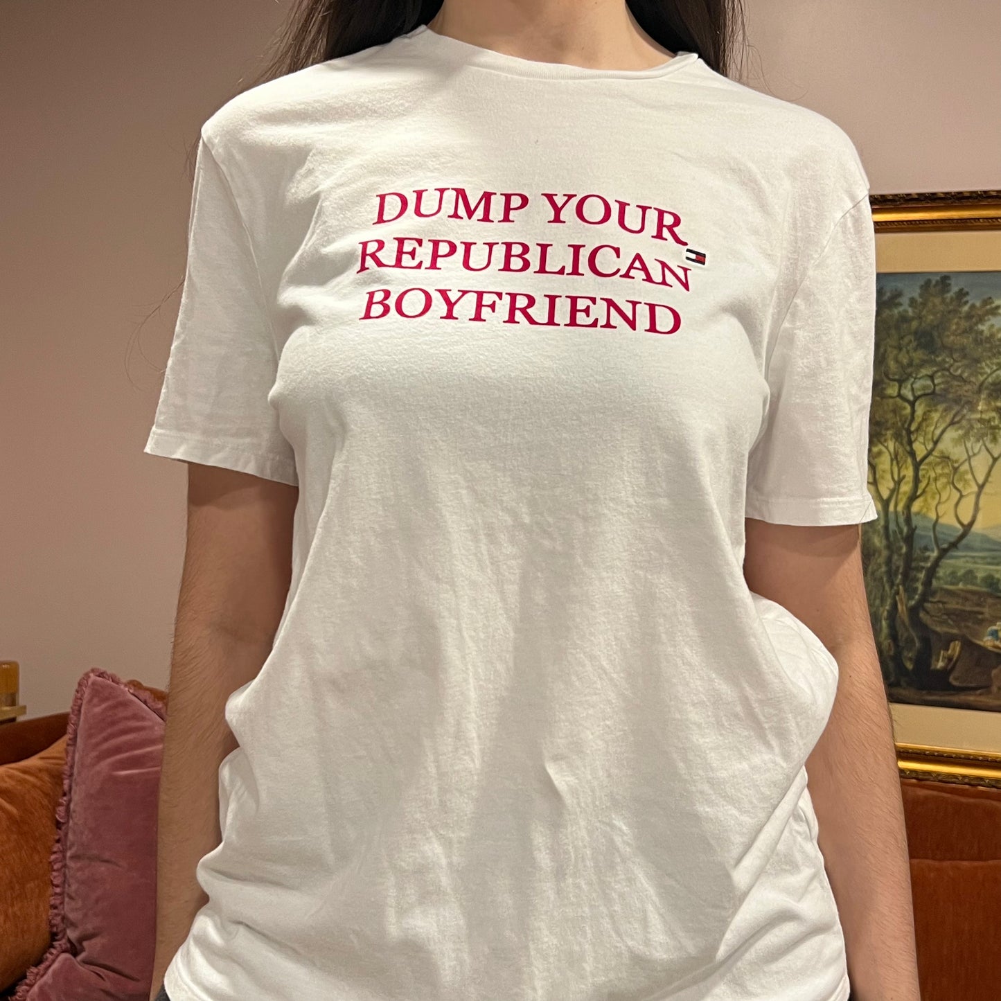 DUMP YOUR REPUBLICAN BOYFRIEND white t-shirt with red text (M)