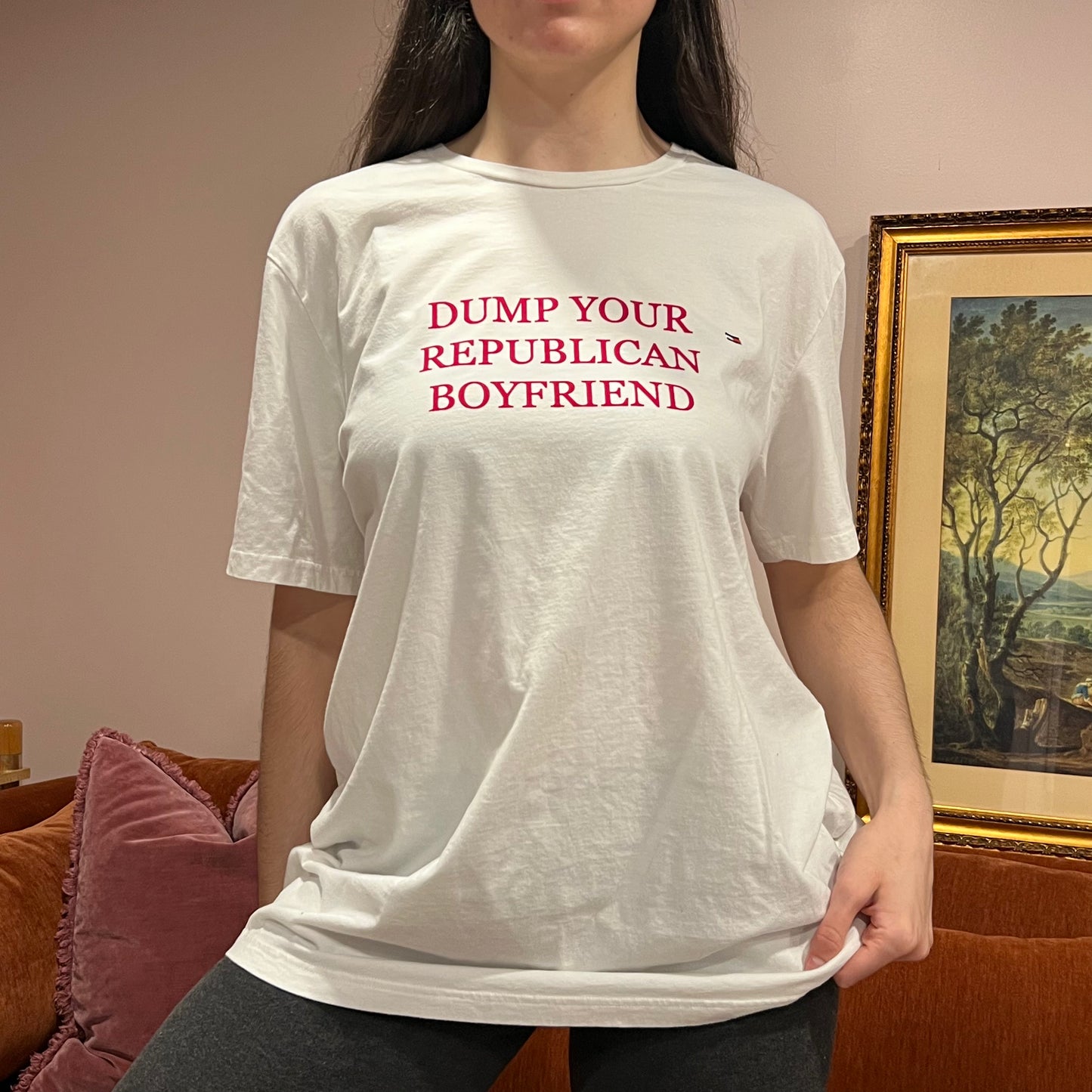 DUMP YOUR REPUBLICAN BOYFRIEND white t-shirt with red text (XL)