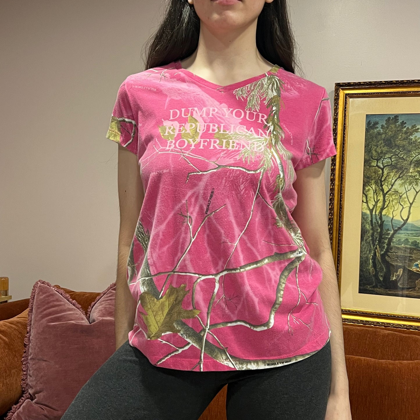 DUMP YOUR REPUBLICAN BOYFRIEND pink camo t-shirt with pink text (L)