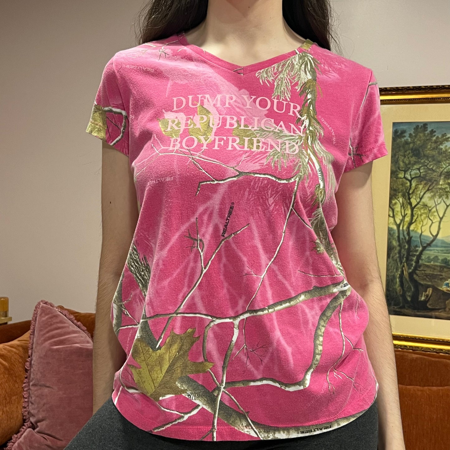 DUMP YOUR REPUBLICAN BOYFRIEND pink camo t-shirt with pink text (L)