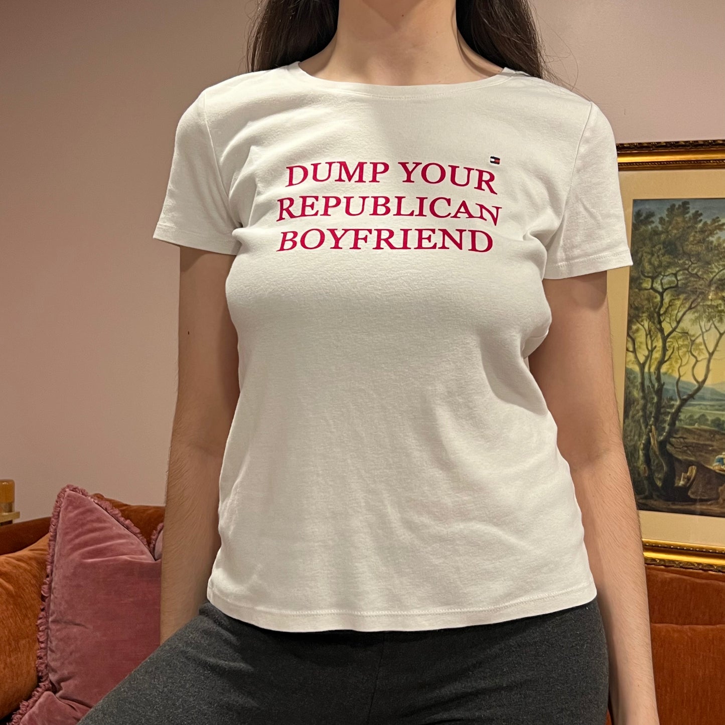 DUMP YOUR REPUBLICAN BOYFRIEND white t-shirt with red text (L)