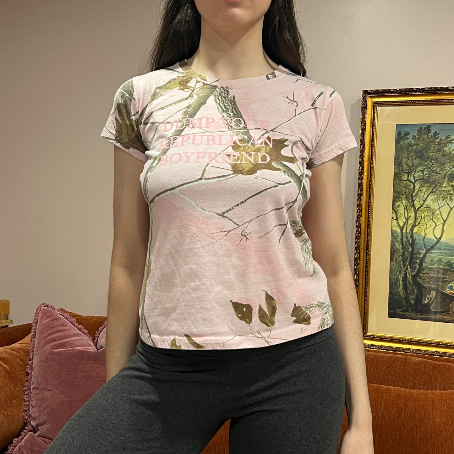 DUMP YOUR REPUBLICAN BOYFRIEND pink camo t-shirt with pink text (S)