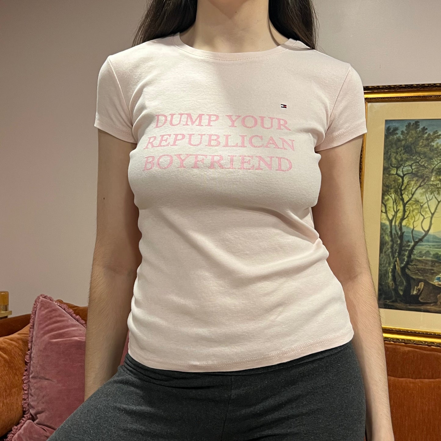 DUMP YOUR REPUBLICAN BOYFRIEND pink t-shirt with pink text (S)