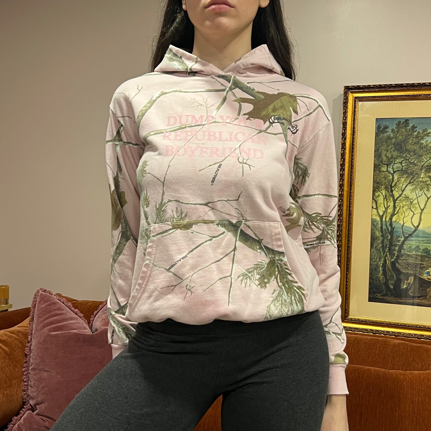 DUMP YOUR REPUBLICAN BOYFRIEND pink camo hoodie with pink text (M)