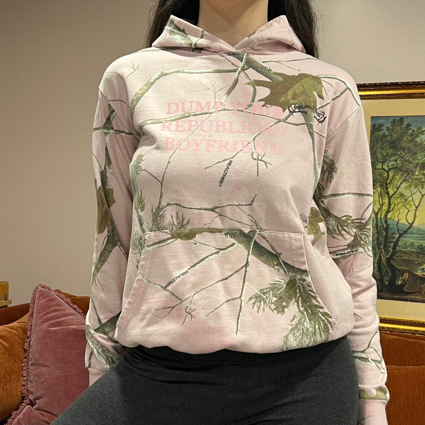DUMP YOUR REPUBLICAN BOYFRIEND pink camo hoodie with pink text (M)