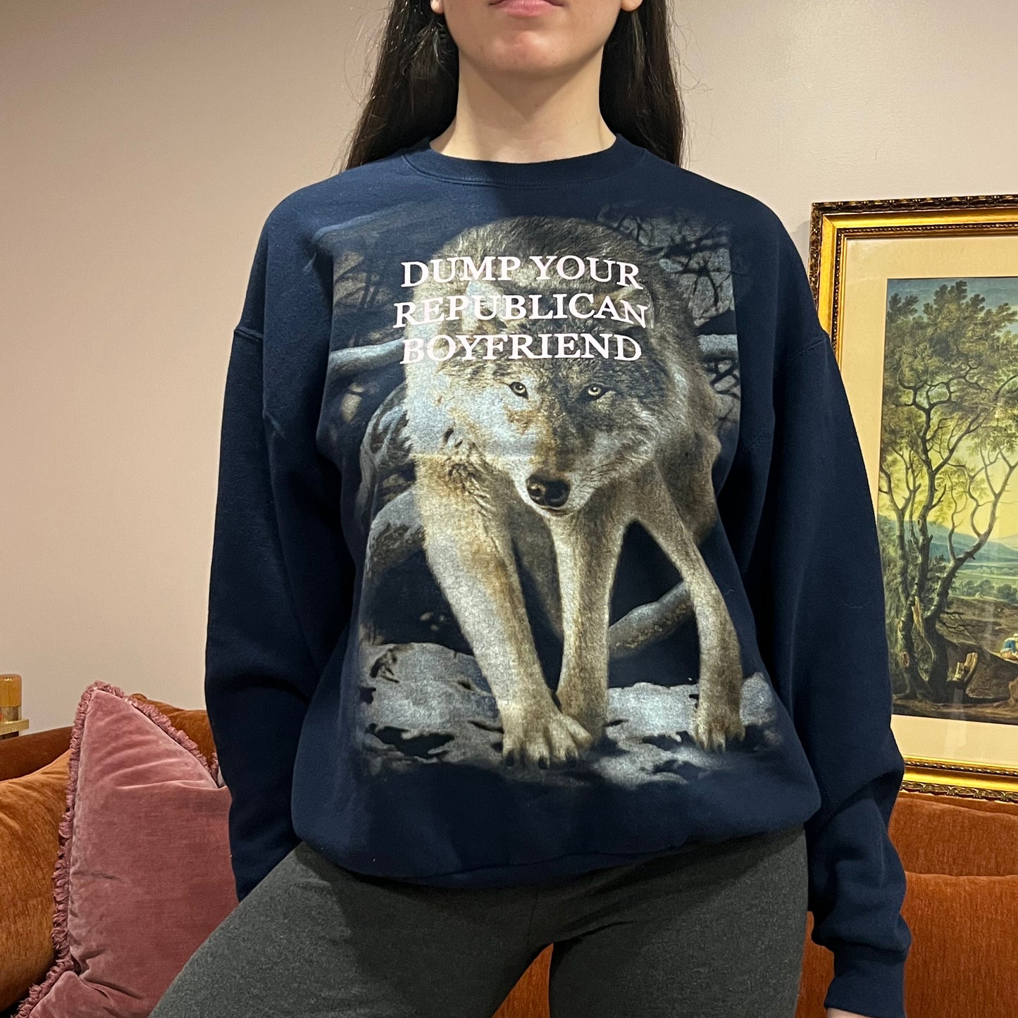 DUMP YOUR REPUBLICAN BOYFRIEND animal crewneck with pink text (L)