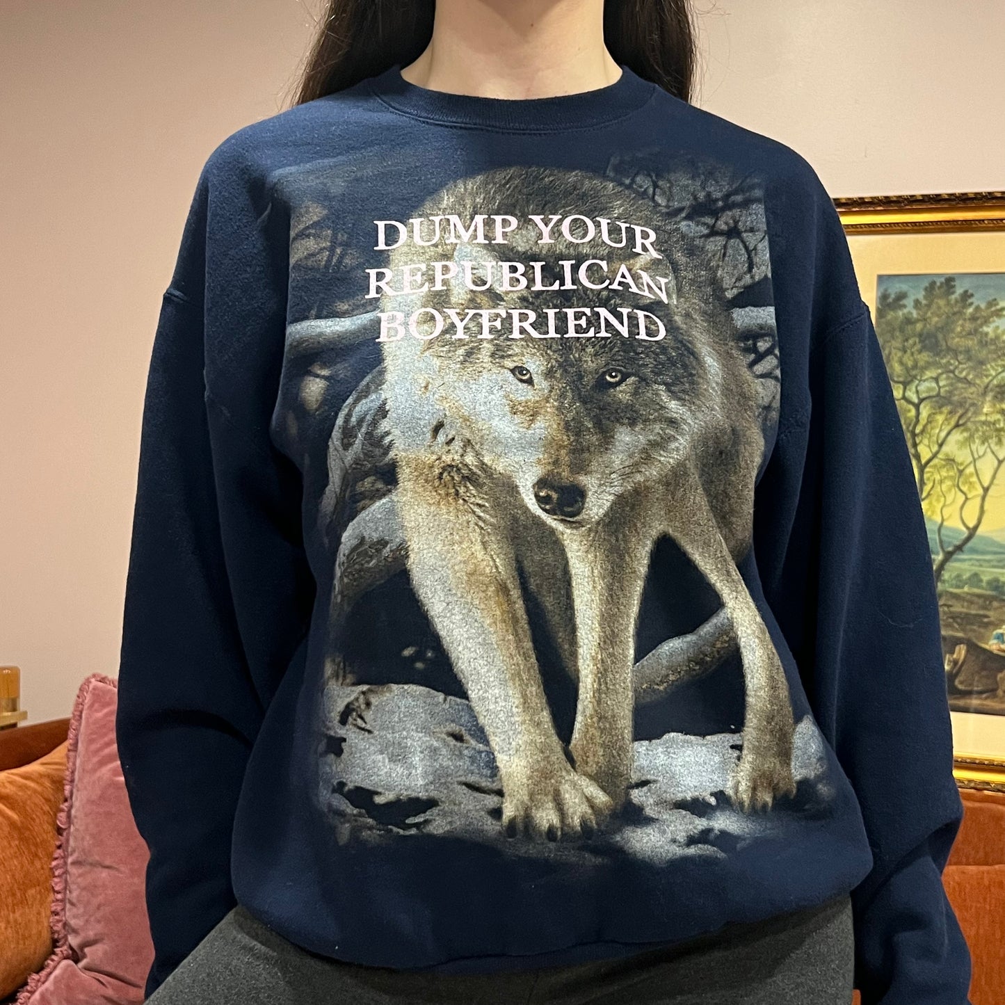 DUMP YOUR REPUBLICAN BOYFRIEND animal crewneck with pink text (L)