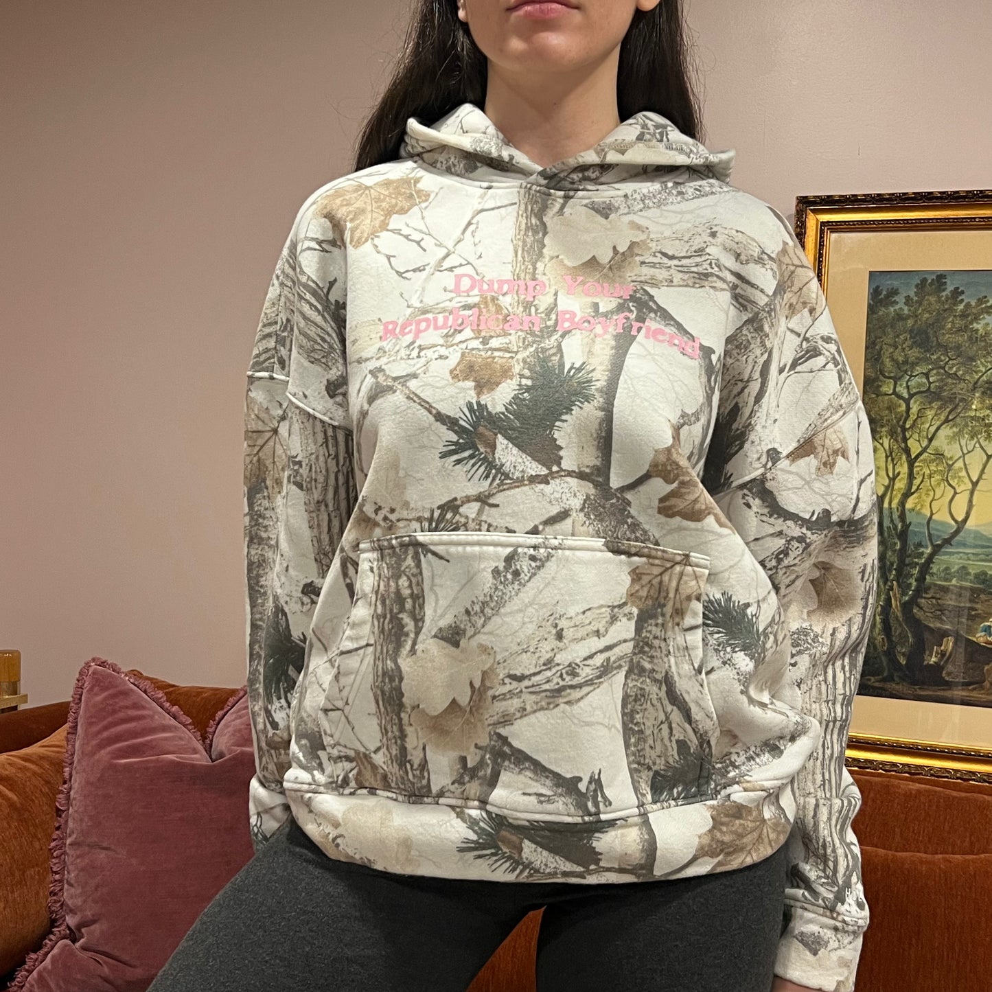 DUMP YOUR REPUBLICAN BOYFRIEND white camo hoodie with pink text (L)