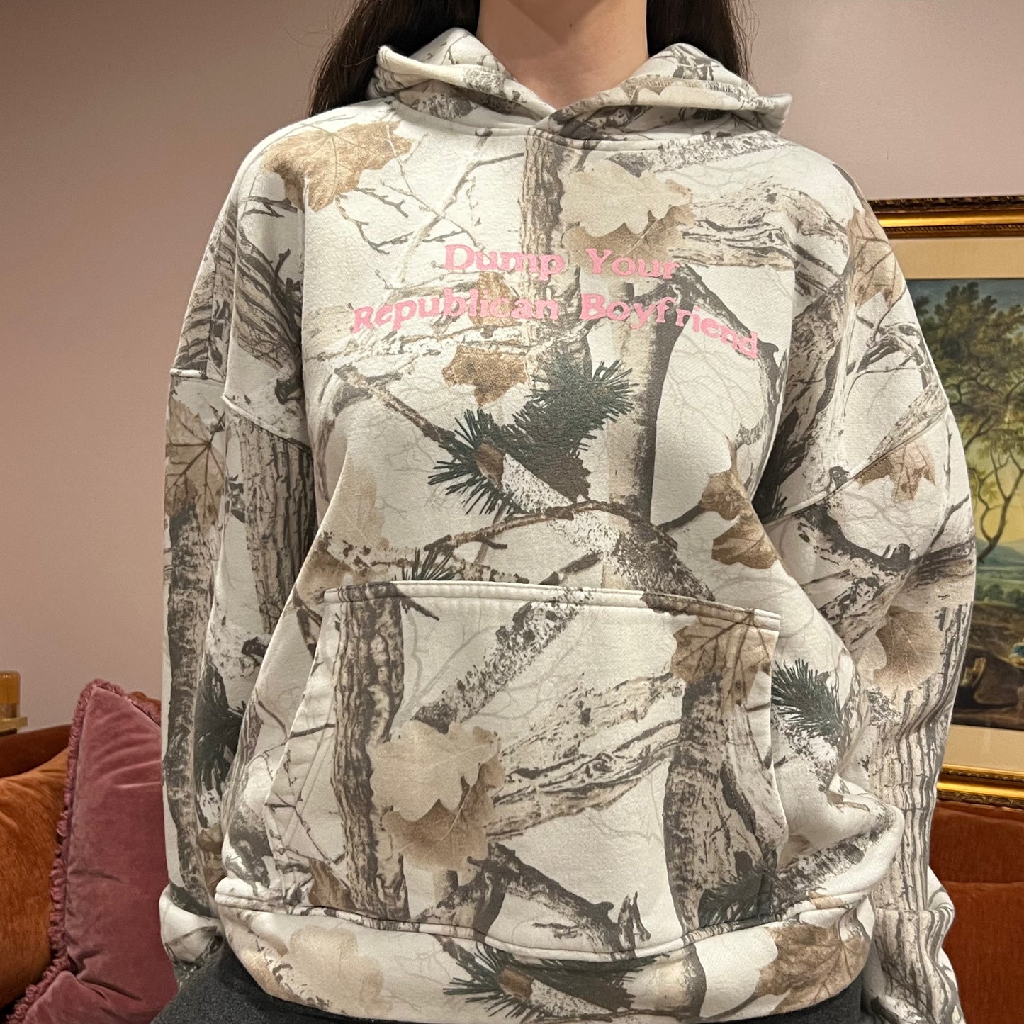 DUMP YOUR REPUBLICAN BOYFRIEND white camo hoodie with pink text (L)