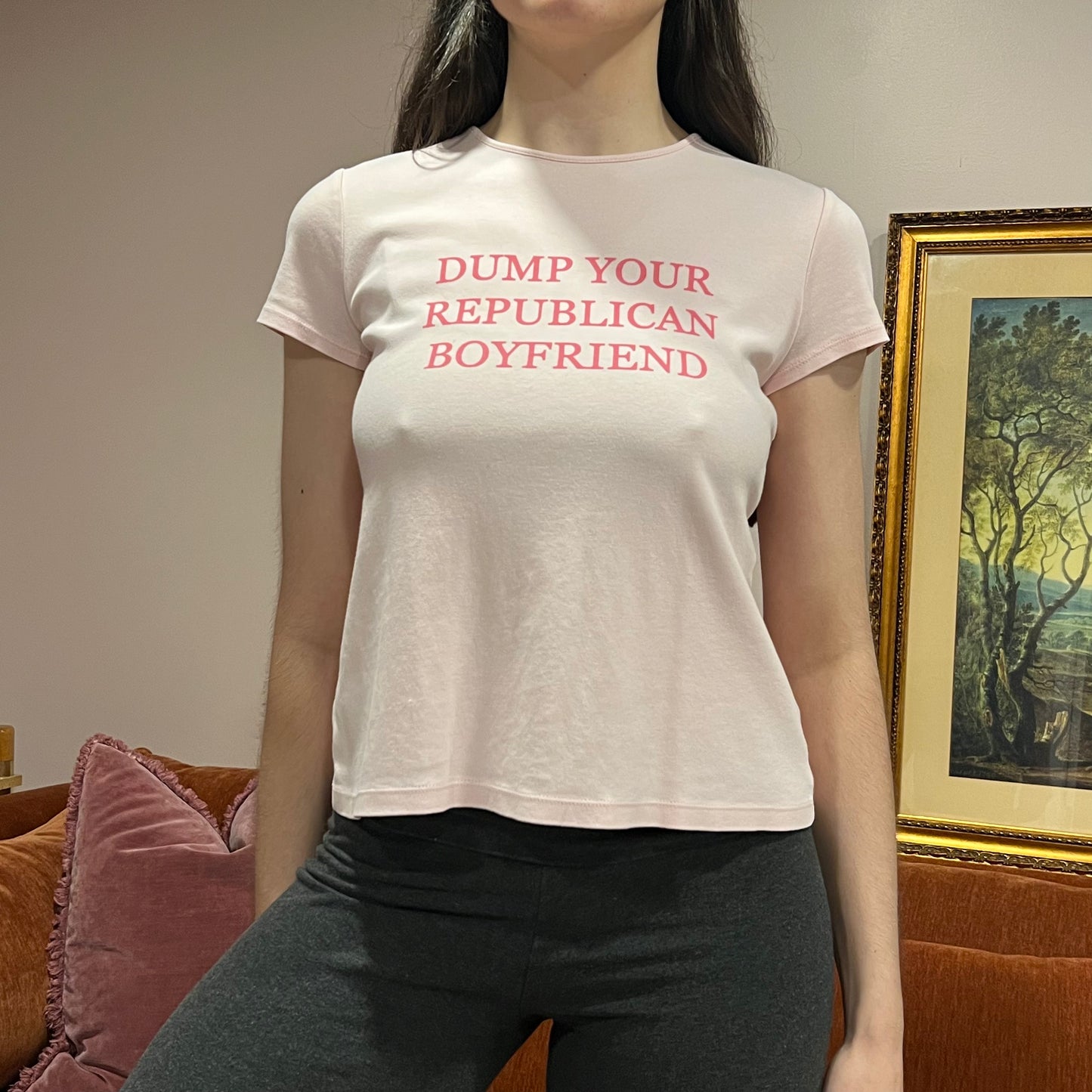 DUMP YOUR REPUBLICAN BOYFRIEND pink t-shirt with pink text (PS)